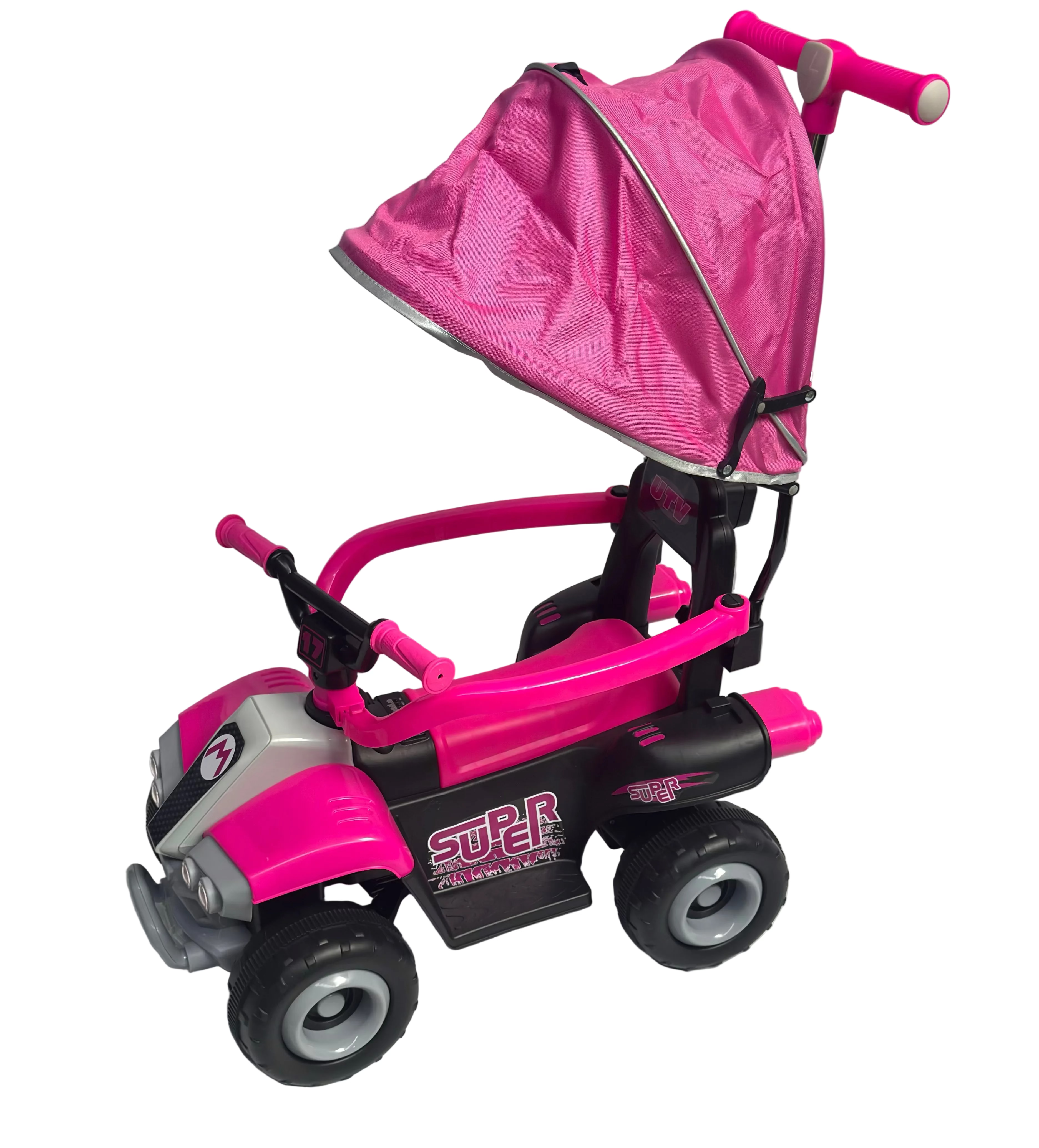 Correpasillos Eléctrico UTV con Capota, MP3 y Manija para Padres — Rosa o Verde